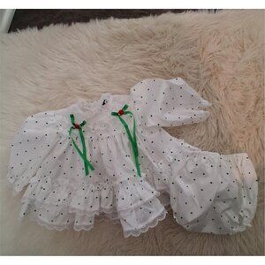 Jo Lene vintage dress girls 6-9 months USA white green polka dot lace